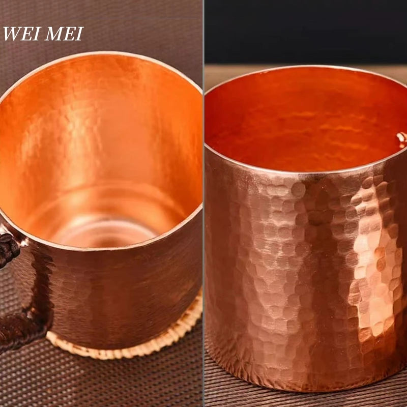 Handcrafted Vintage Pure Copper Coffee Cup,With lid Juice Breakfast Mug,Woven Handle Hammer Texture Home 550ml Tea Cup Tableware