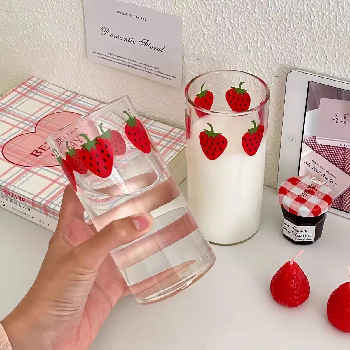 360ml Strawberry Cute Glass Cup With Straw Creative Transparent Water Cup Student Milk Heat Resistant Glass Nana