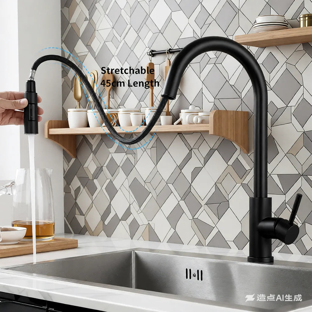 Stainless Steel Pull-Down Kitchen Faucet Brushed Nickel Hot/Cold Mixer Single Hole G1/2 Heavy-Duty for Kitchen Bath