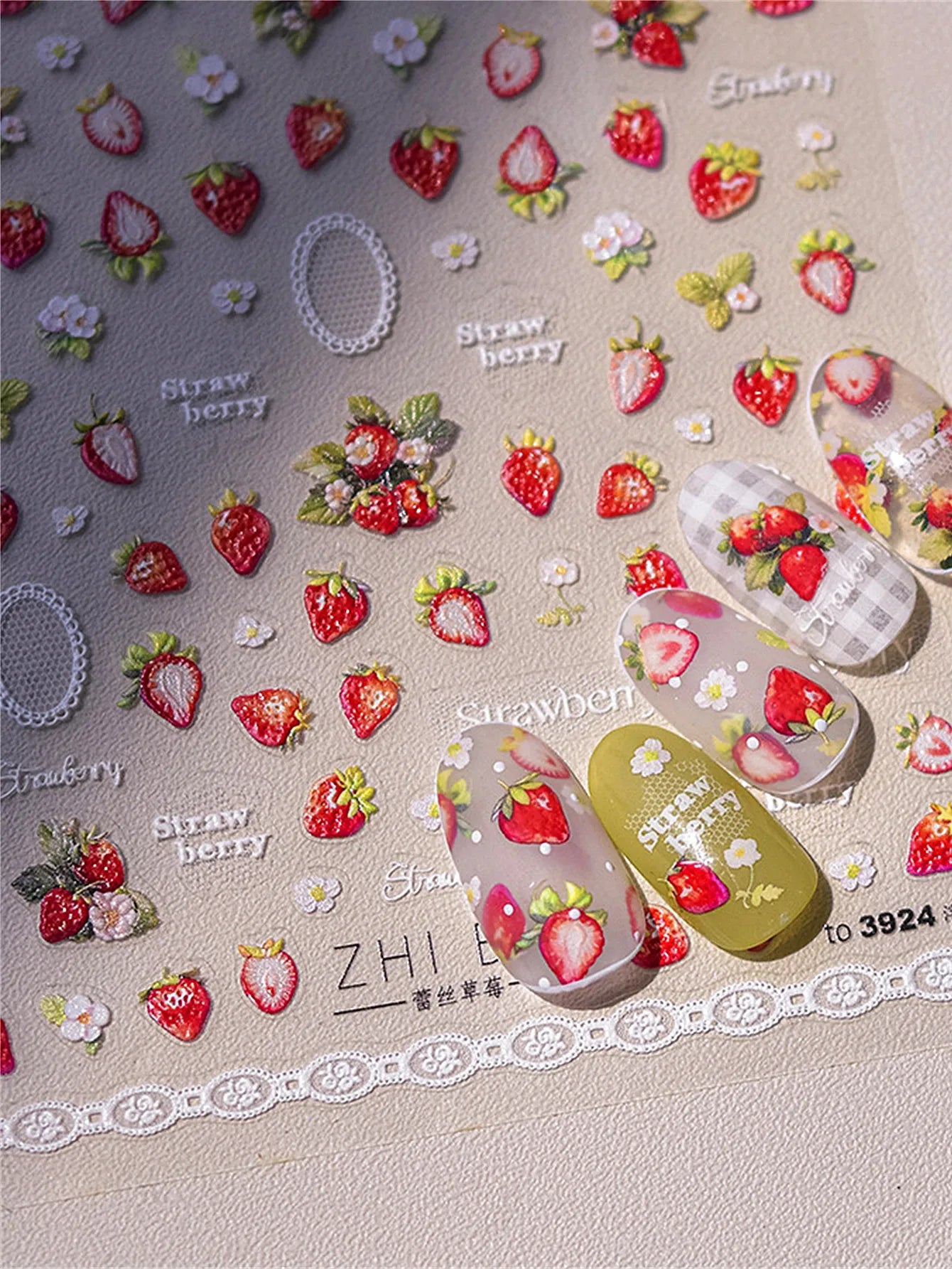 1PCS 5D Easter cute rabbit Stickers Lovely  Red Strawberry  Soft Embossed Reliefs Self Adhesive Nail Stickers Manicure Decals