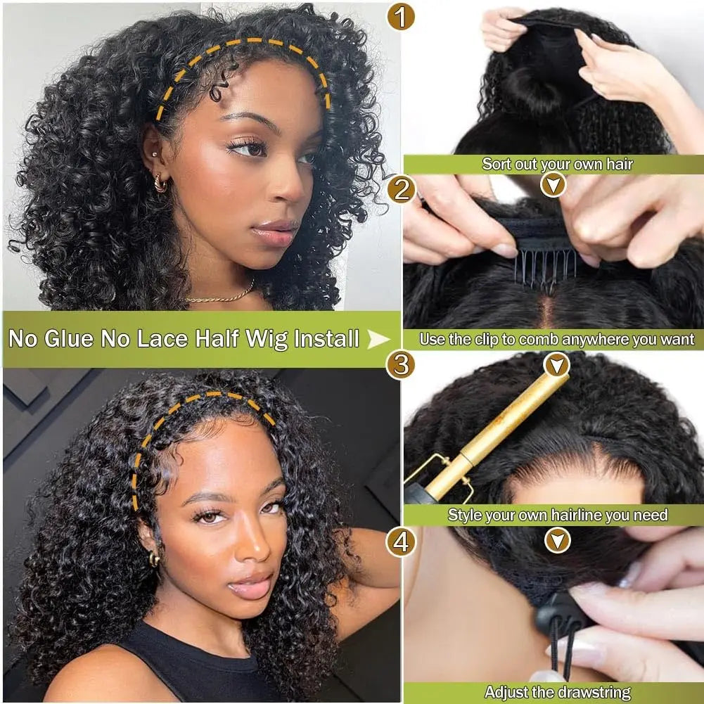 Kinky Curly Half Wig Human Hair 250 Density 3 In 1 Drawstring Seamless Flip Half Wigs Wear Go Glueless Wigs Human Hair 28 Inch C