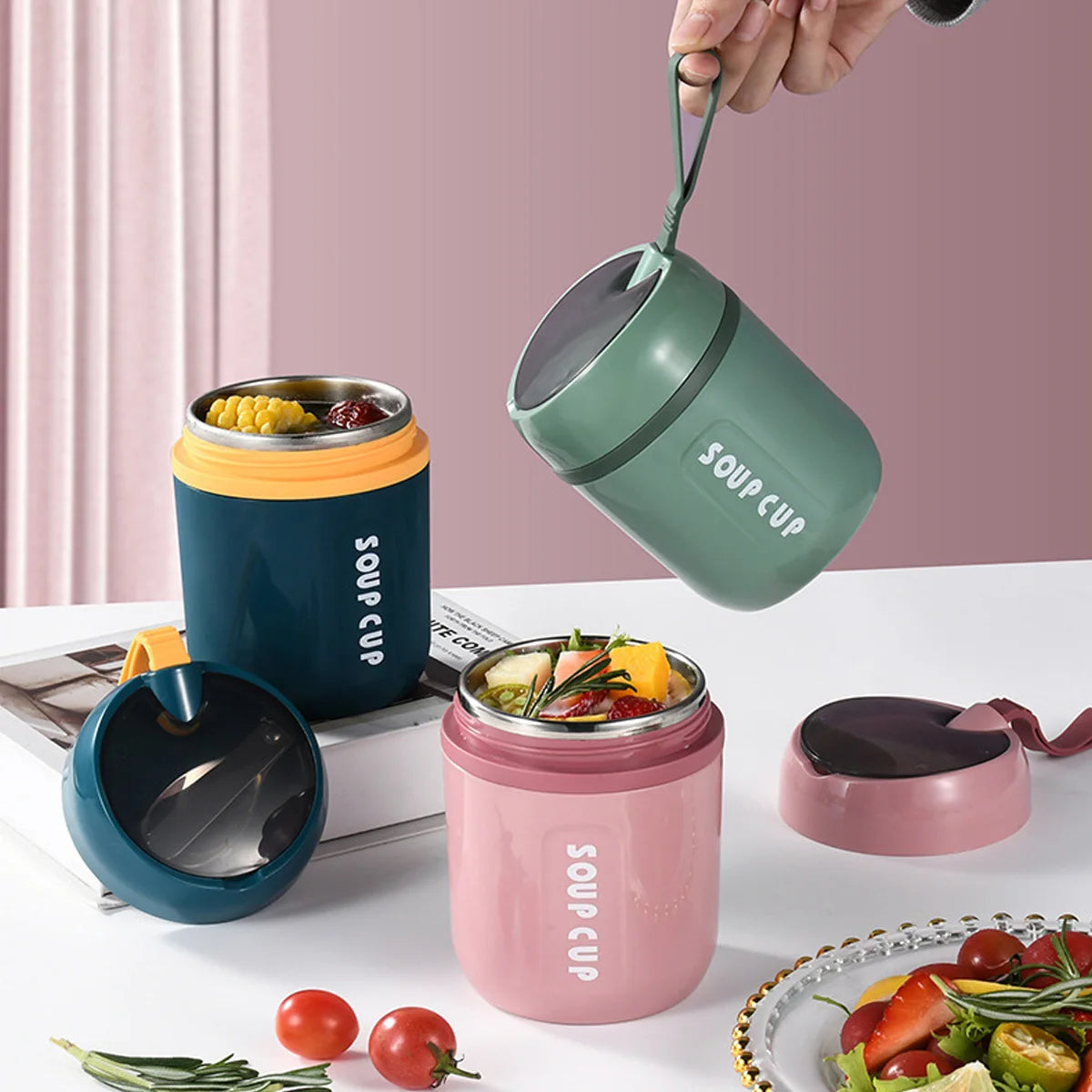 480ml Lunch Flask Stainless Steel Thermos Cup With Foldable Spoon Portable Food Flask Leak Proof Soup Flask For Kids Adult