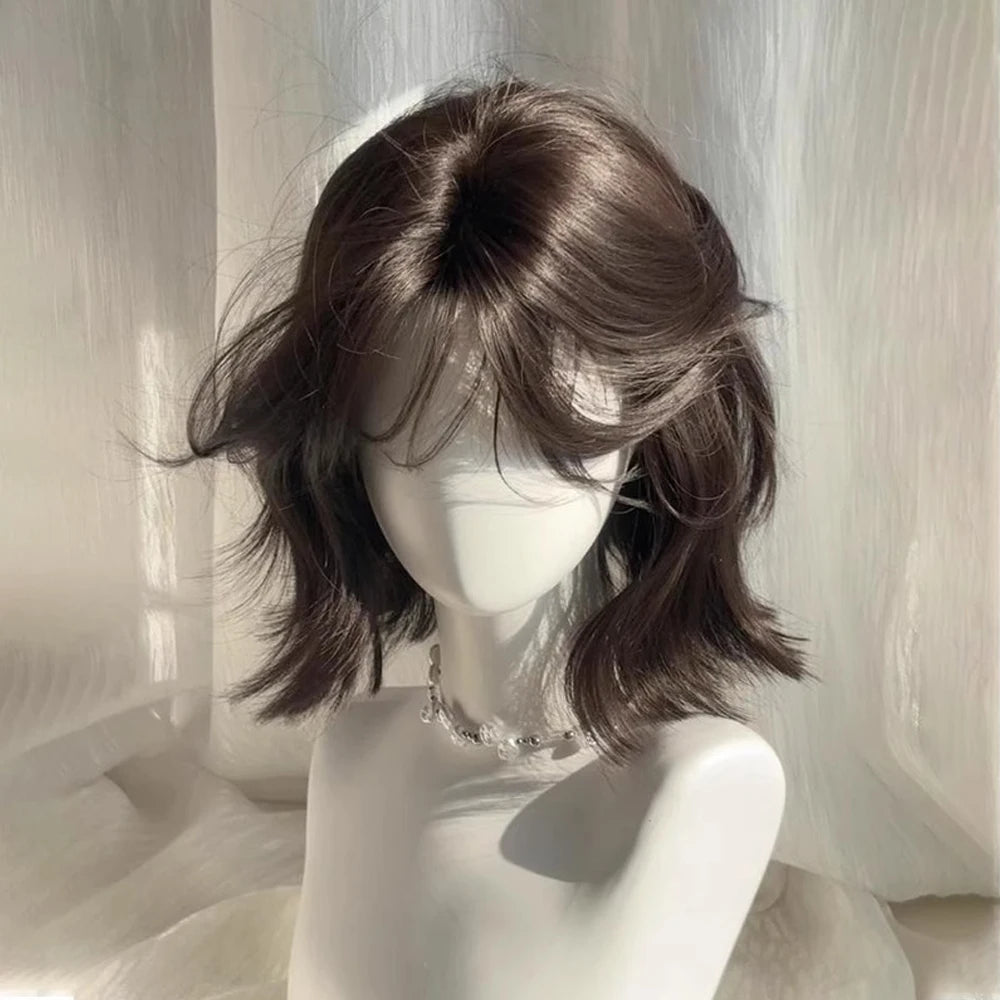Short Wavy Black Brown Wig with Bangs Synthetic Cosplay Fluffy Heat Resistant Wig for Daily Party Lolita Cosplay