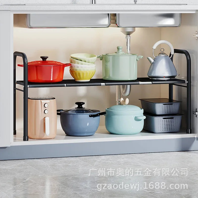 Telescopic Under-Sink Storage Rack Multi-Layer Organizer for Kitchen Cabinets Carbon Steel Construction for Cleaning