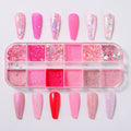 12Grid Pink Glitter Nail Powder Mixed Holographic Hexagon Irregular Flakes Sliced Sparkly Crystal Sequins Pigment Manicure Decor
