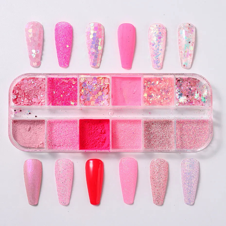 12Grid Pink Glitter Nail Powder Mixed Holographic Hexagon Irregular Flakes Sliced Sparkly Crystal Sequins Pigment Manicure Decor