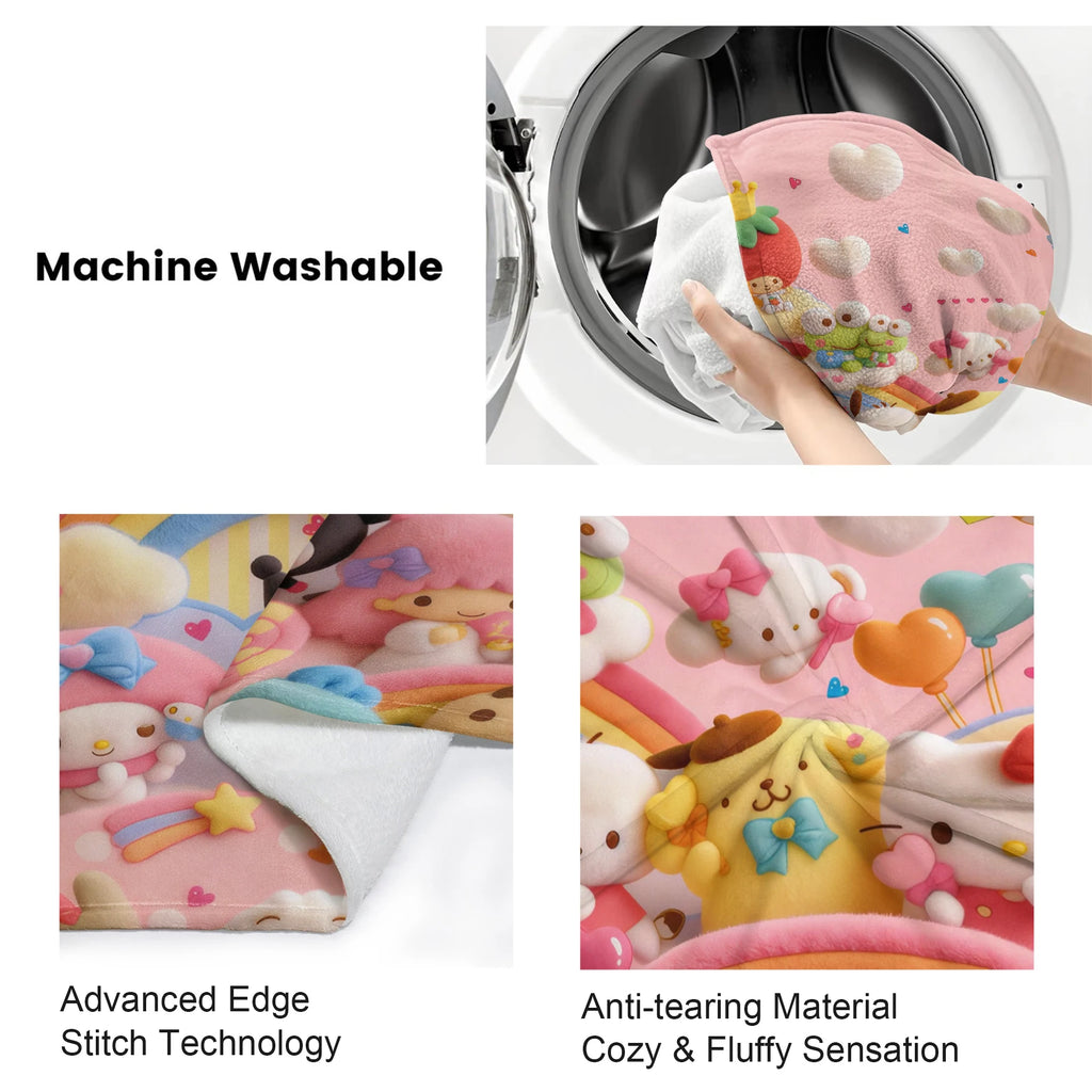 Cute Sanrio Characters Flannel Blanket Pink 3D Plush Rainbow Pattern Soft Plush Throw for Bed Sofa Hello Kitty Kuromi All Season