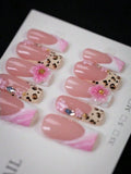 10pcs - Y2K Style Leopard Print Pink Flower Press on Nails, Pink Flower Gold Bead Square Nails - Leopard Print Design