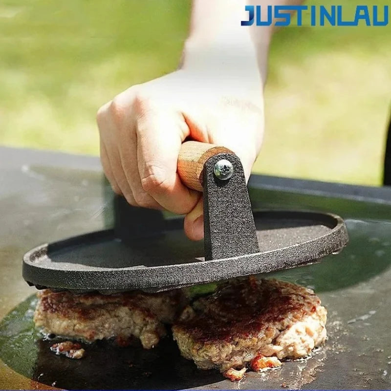 JUSTINLAU Cast Iron Uncoated Square Circular Meat Press Solid Wood Handle, Hamburger Patty Maker Barbecue Fried Meat Press Tool
