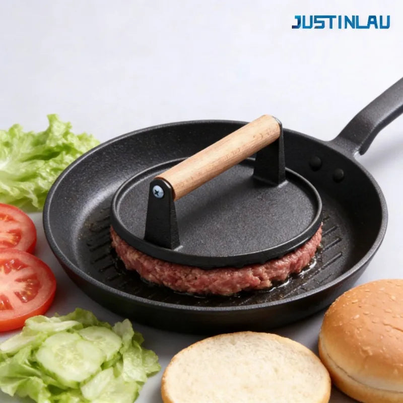 JUSTINLAU Cast Iron Uncoated Square Circular Meat Press Solid Wood Handle, Hamburger Patty Maker Barbecue Fried Meat Press Tool