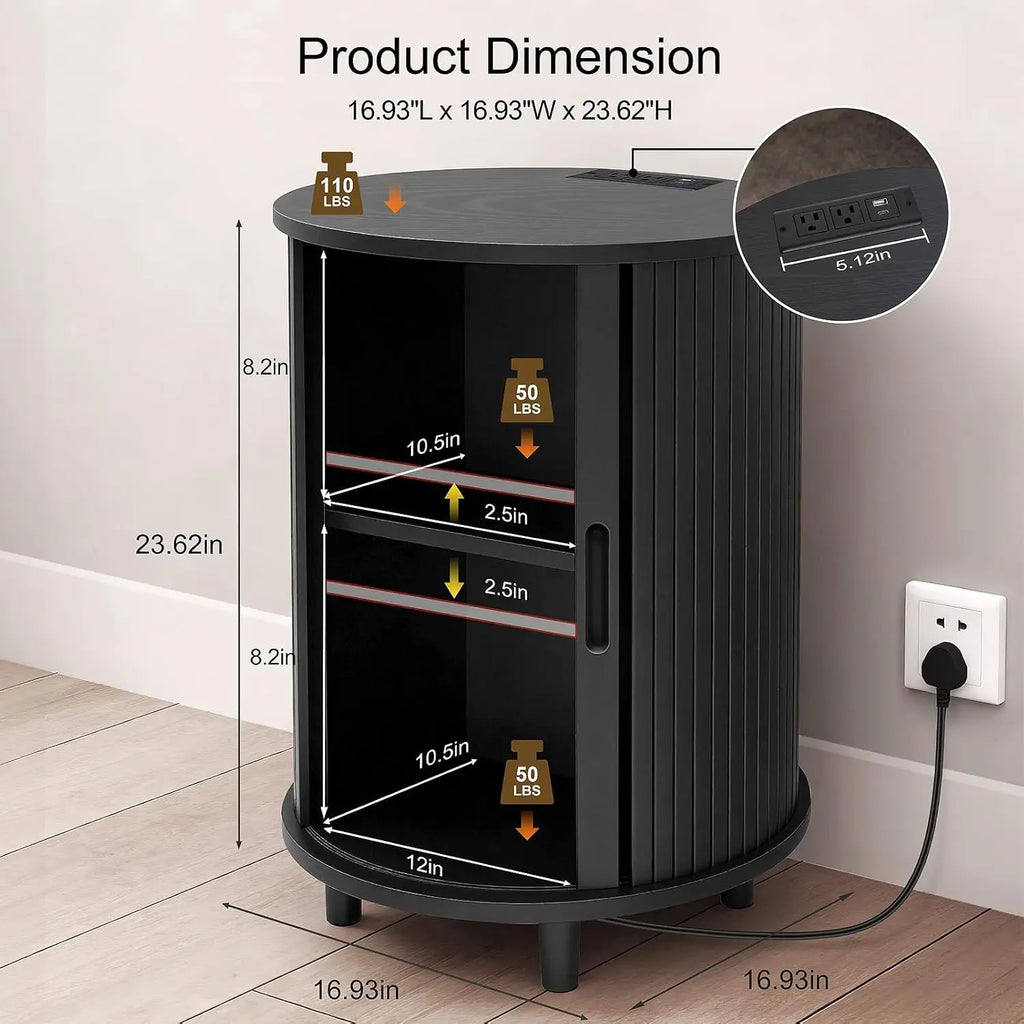 Round End Table Storage Charging Station Fluted Nightstand Small Spaces, Customized