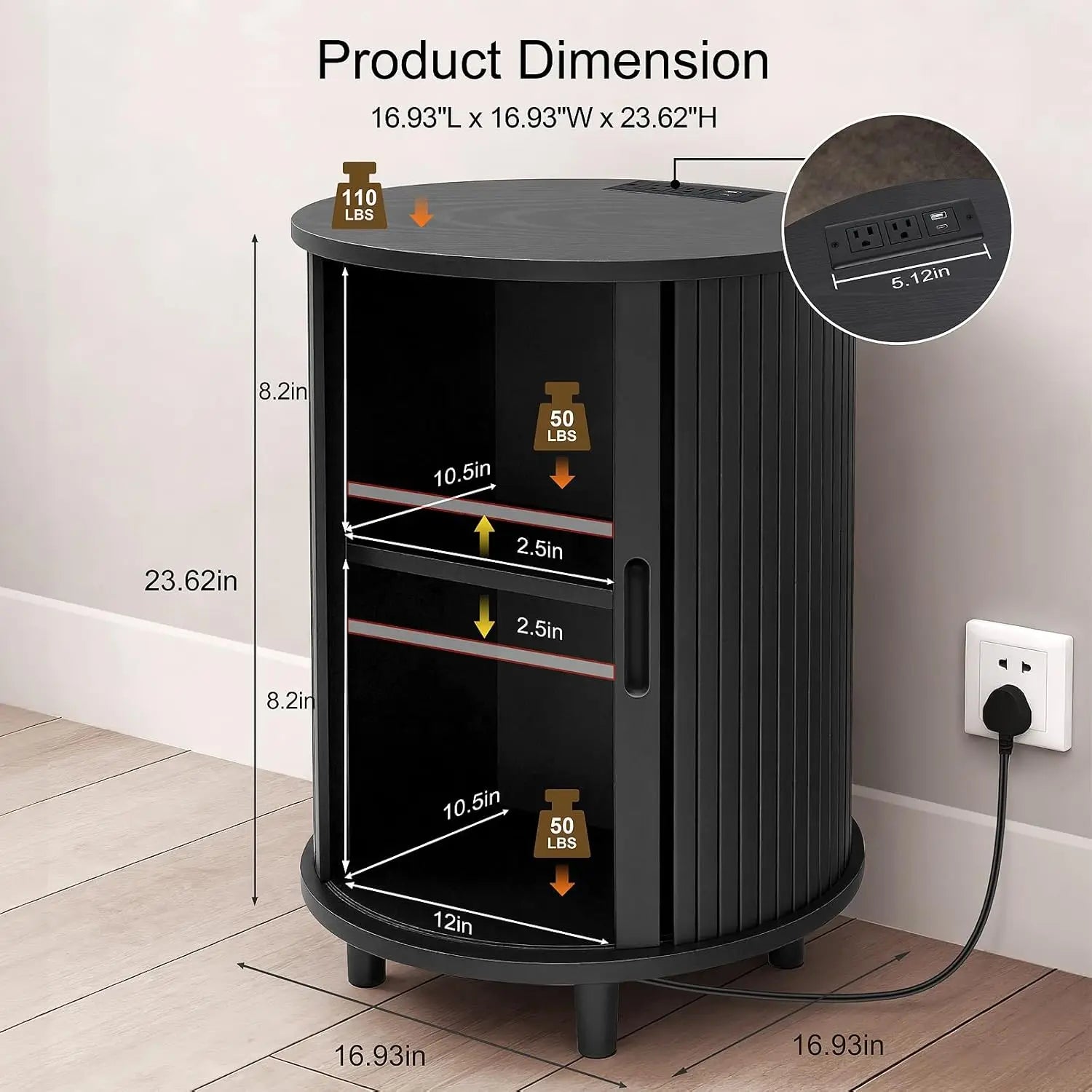 Round End Table Storage Charging Station Fluted Nightstand Small Spaces, Customized