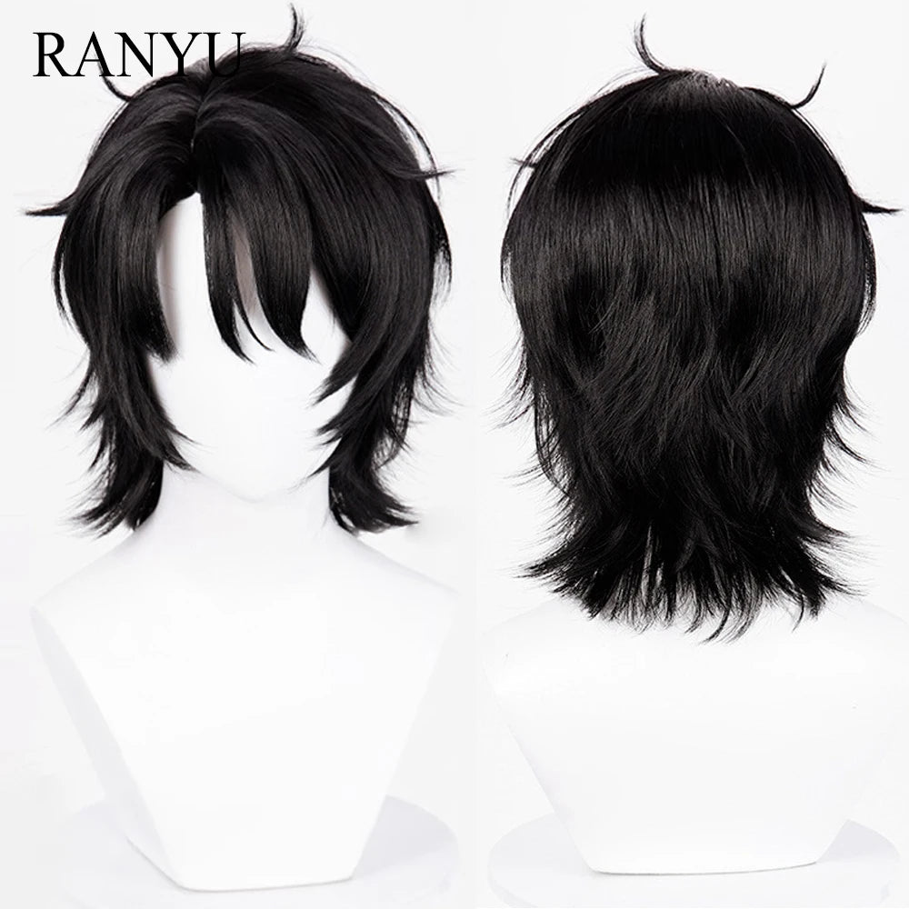 Short Straight Black Fluffy Synthetic Wig Anime Game Cosplay Men Heat Resistant Wig for Daily Party