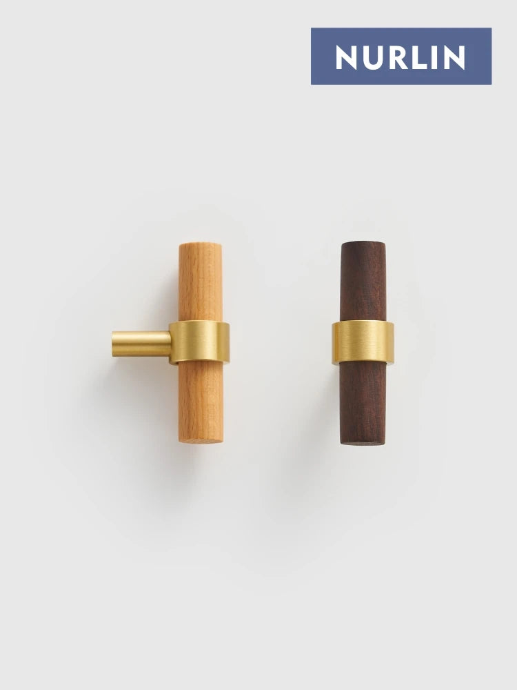 Nurlin Brass Natural Walnut Beech Wood Kitchen Furniture Handle American Nordic Style Drawer Wardrobe Pull T Bar