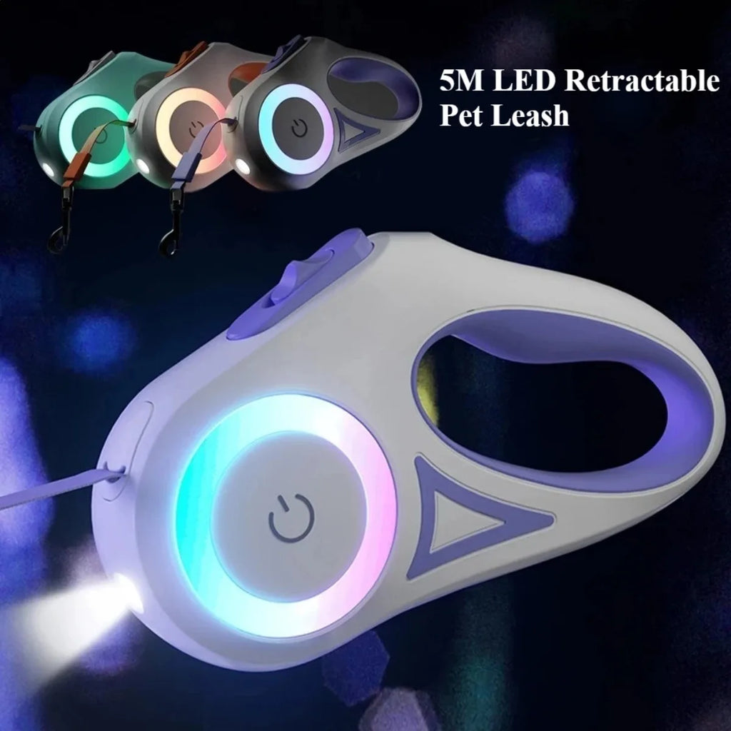 3M/5M Automatic Retractable Dog Leash with Flashlight Anti-Slip 360°Tangle-Free One Button Lock Rope for Night Walking Dog Leash