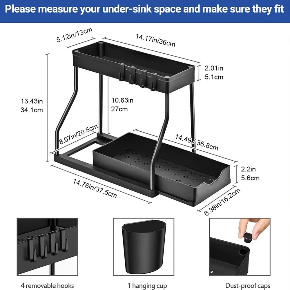 2 Tier Pull Out Organizer Under Sink for Kitchen Spices Bathroom Cosmetics Living Room Table Storage Desktop Cabinet Rack