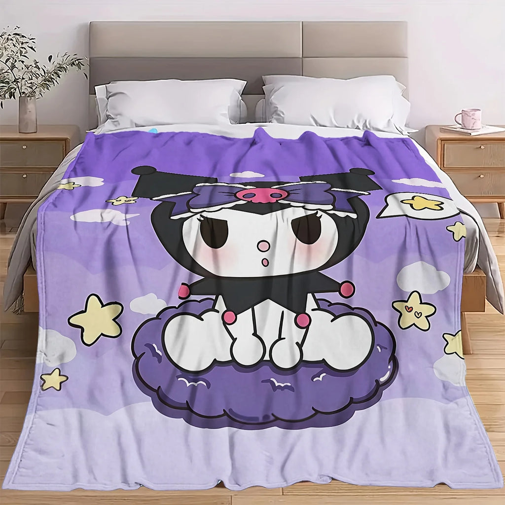 Purple Kuromi Flannel Blanket 2D Single Print Cute Breathable Durable Couch Bed Living Room Bedroom Home Decor Daily Use Blanket