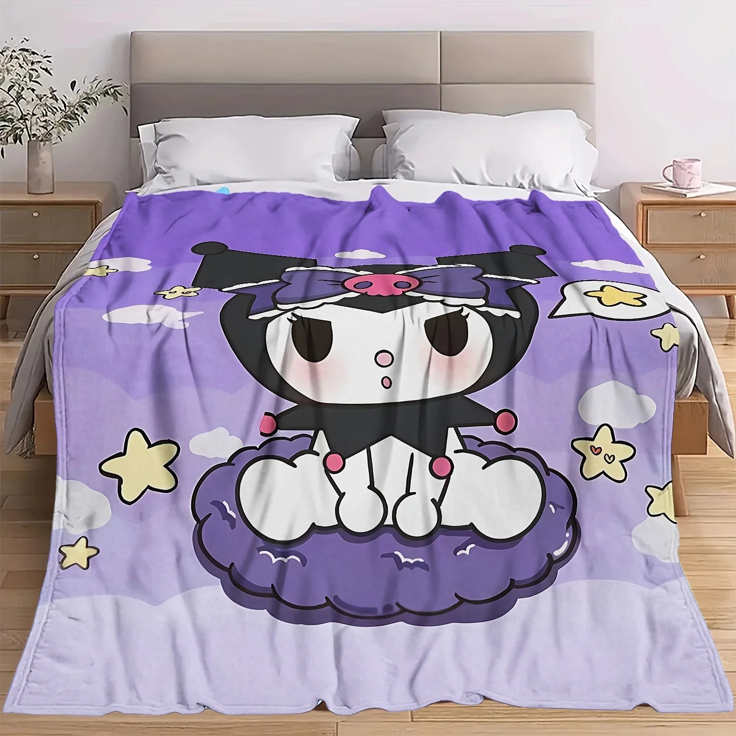 Purple Kuromi Flannel Blanket 2D Single Print Cute Breathable Durable Couch Bed Living Room Bedroom Home Decor Daily Use Blanket