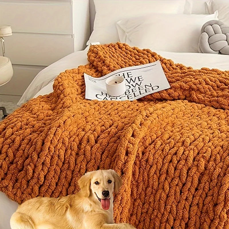 Comfortable Chunky Knit Blanket Soft Hand Knit Chenille Throw Blanket Thick Cable Blanket With Chenille Yarn Rope Knot Blanket