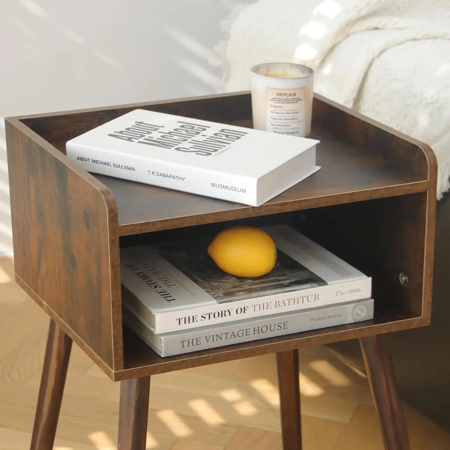 Mid Century Modern Side Table Bedroom with Storage, Small End Bedside Table with Solid Wood Legs for Living Room, Office Small S