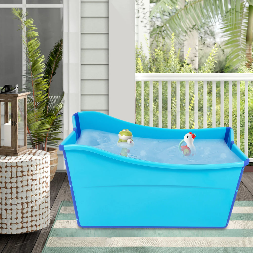 Folding PP TPE Bathtub Blue Floor Standing Rectangular Adult Bath Tub Thickened Side for Kids and Adults Below 5.3ft Tall