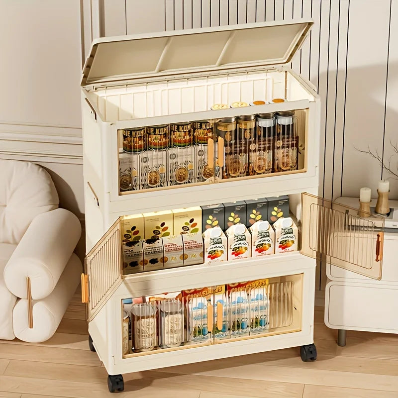 3/4/5-Tier Foldable Cabinet - Plastic Lidded Storage Box, Stackable w/Wheels, for Closet/Bedroom/Office/Kitchen, Decor & Rack