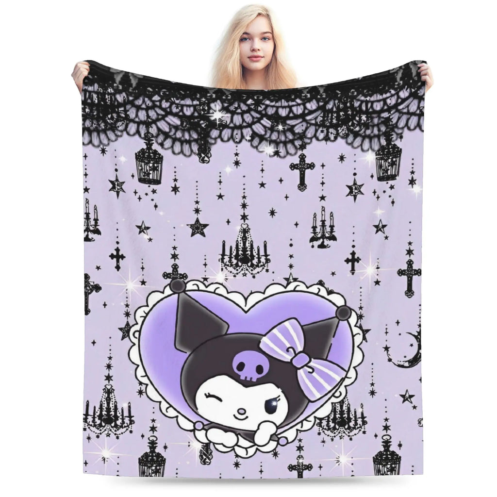 Cartoon Cool Cute Kuromi Fleece Throw Blanket  Blanket for Home Outdoor Super Soft Bed Rug
