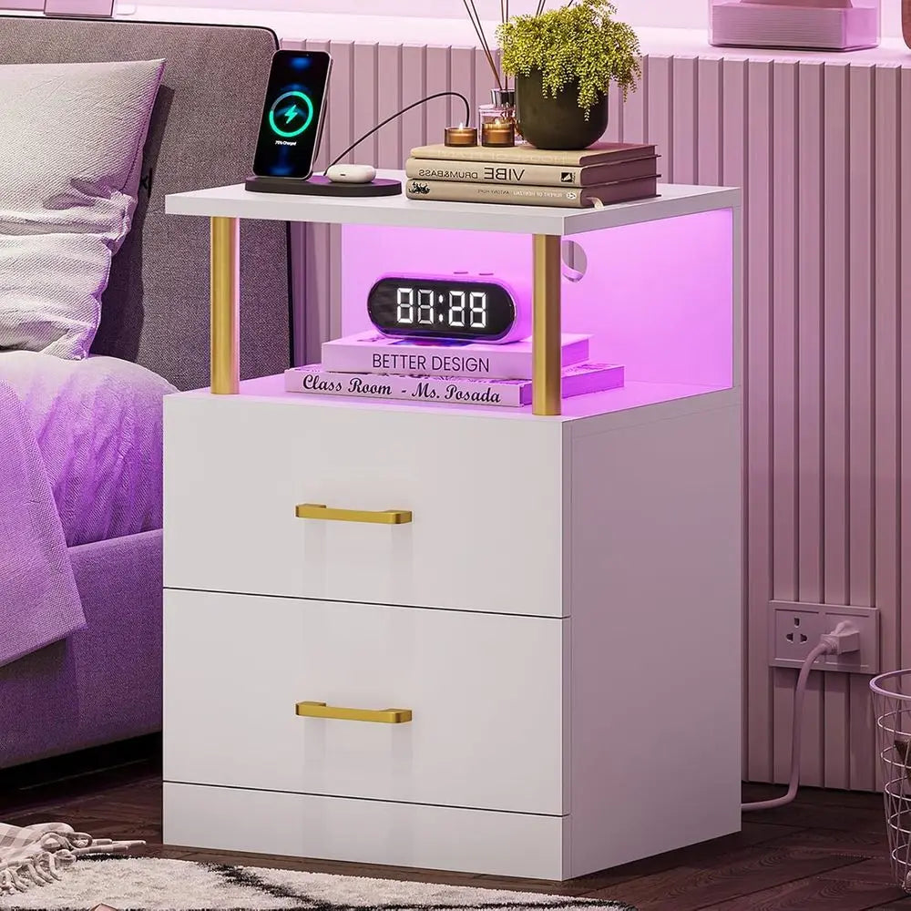 LED Night Stand with Charging Station and USB Ports, White Night Stand with 2 Drawers, Modern End Side Tables-Customized