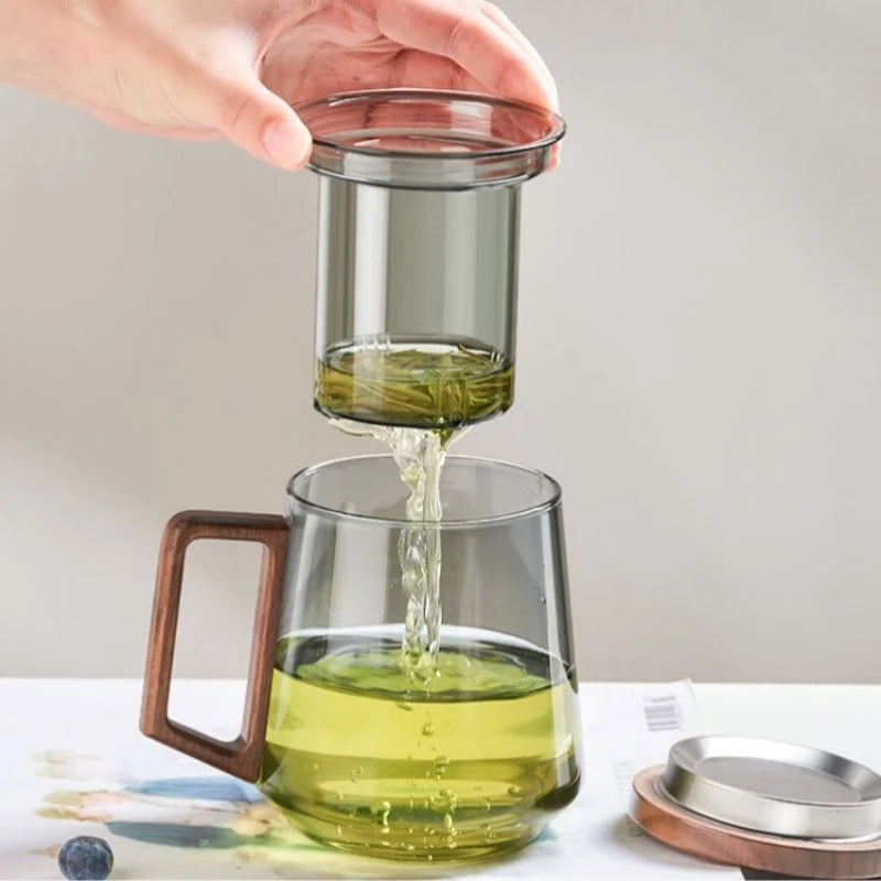 Clear Teacup with Filter, Heat-Resistant Glass Boiling Tea Cup, Office Mugs, Drinkware with Infuser, Teaware, Wood Handle