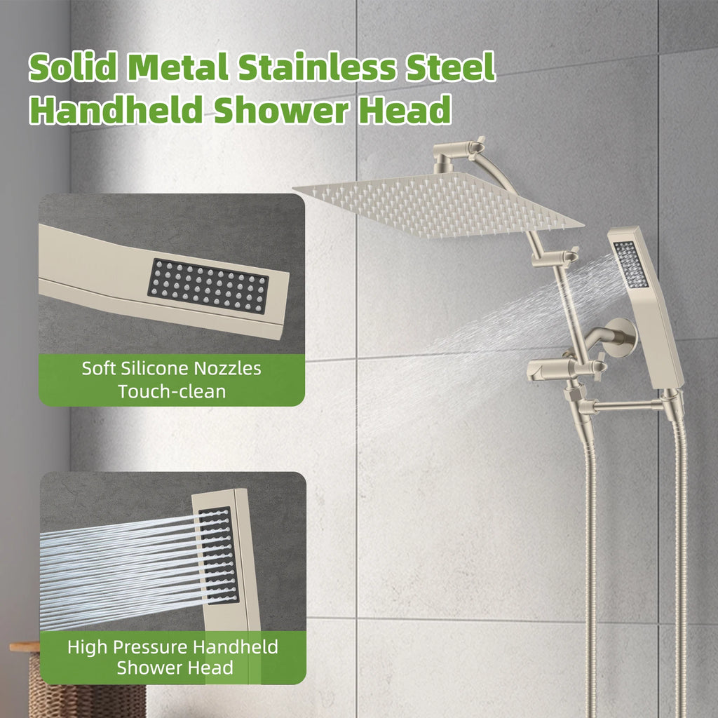 Hibbent Dual Shower Head Combo, High Pressure Handheld Shower Wand, 16'' Adjustable Arc-shaped Shower Extension Arm