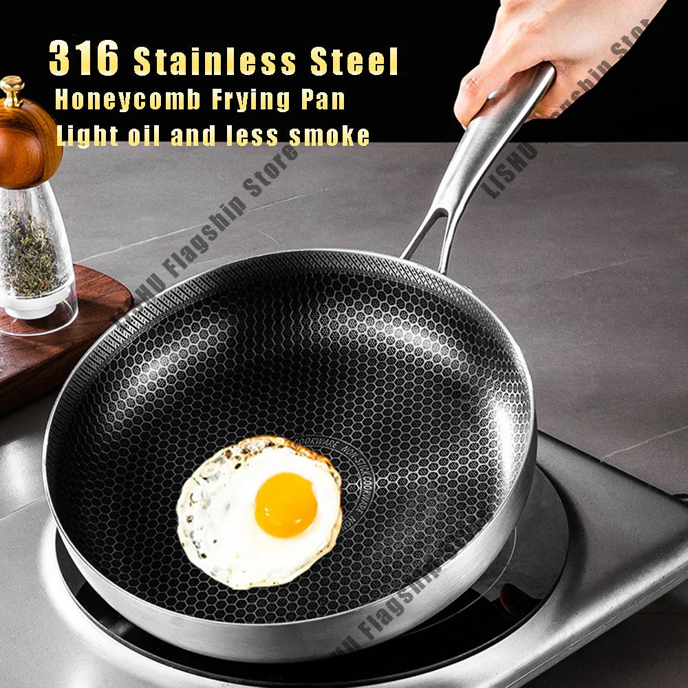 28cm Frying Pan Wok 316 Stainless Steel Honeycomb Steak skillet Gas Stove Pot Induction Saucepan Kitchen Cookware Non-stick Pan