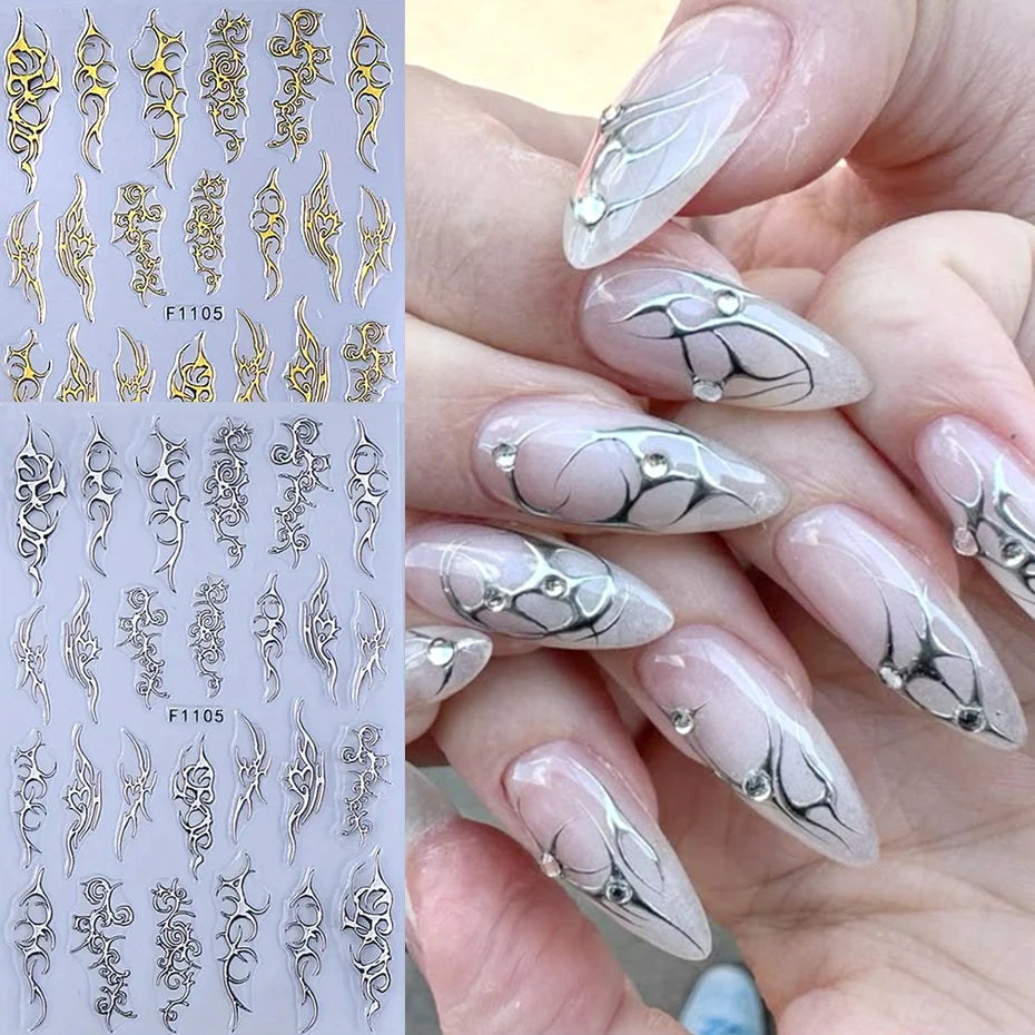 2pcs Metallic Chrome Nail Art Stickers Y2K Punk Thorns Flame Totem Designs Gold Silver Irregular Stripes Adhesive Decals Decor