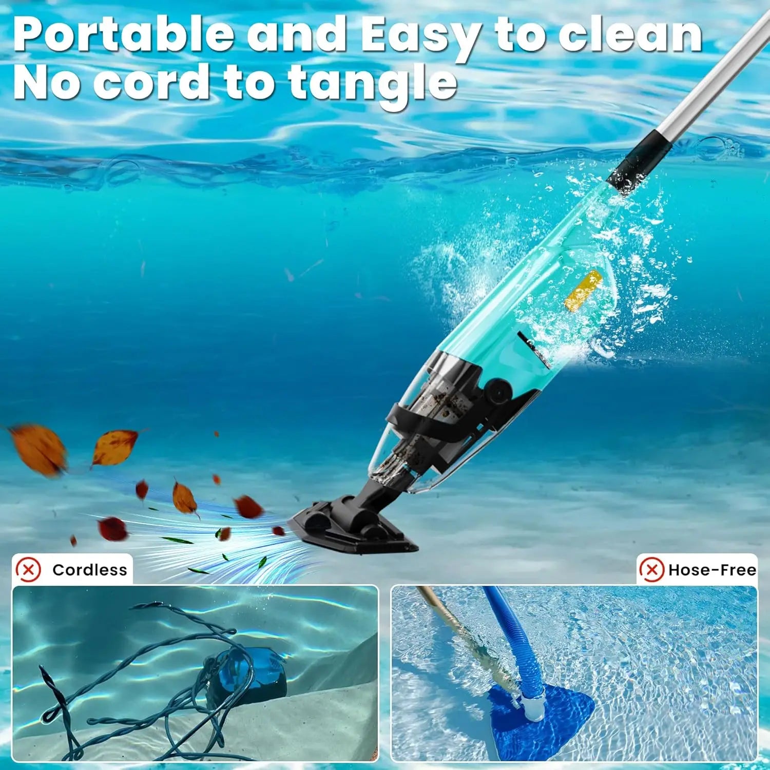 Cordless Rechargeable Pool Vacuum with 60-Min Runtime, Adjustable Pole for Sand and Debris Cleaning in Pools, Spas