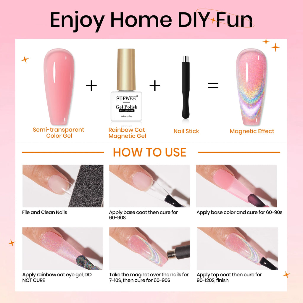 SUPWEE Cat Eye Gel Polish Set With Magnet, Translucent Red Pink Jelly Gel Polish, Universal Rainbow Cat Eye Gel Manicure Set