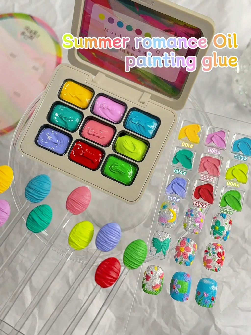 MORDDA 9pcs Summer Romance Oil Painting Glue Dopamine Color Suits, High Gloss Multi-Color Solid Gel Oil,Used For Nail Salons