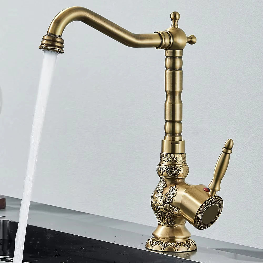 Basin Faucets Antique Brass Faucet Basin Carving Tap Rotation Single Handle Tap Mixer Taps Bathroom Vessel Sink Faucet