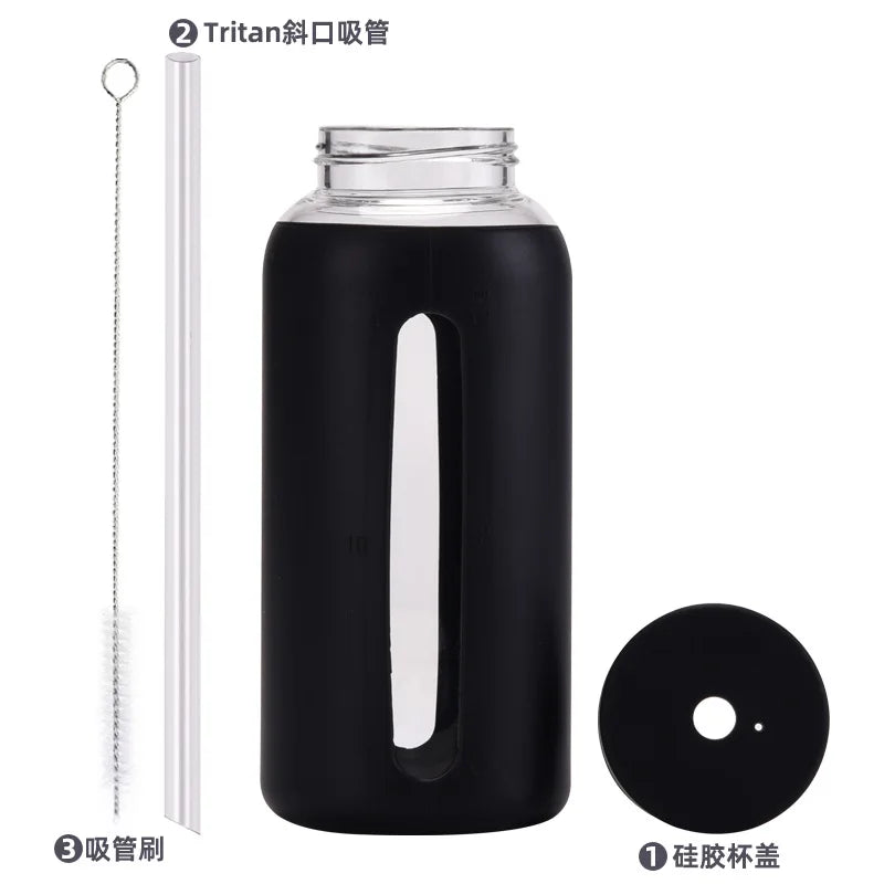 800ml Large Capacity Single-layer Glass Cup with Silicone Sleeve,Time Scale And Straw,Portable Drinkware,Outdoor Water Bottle
