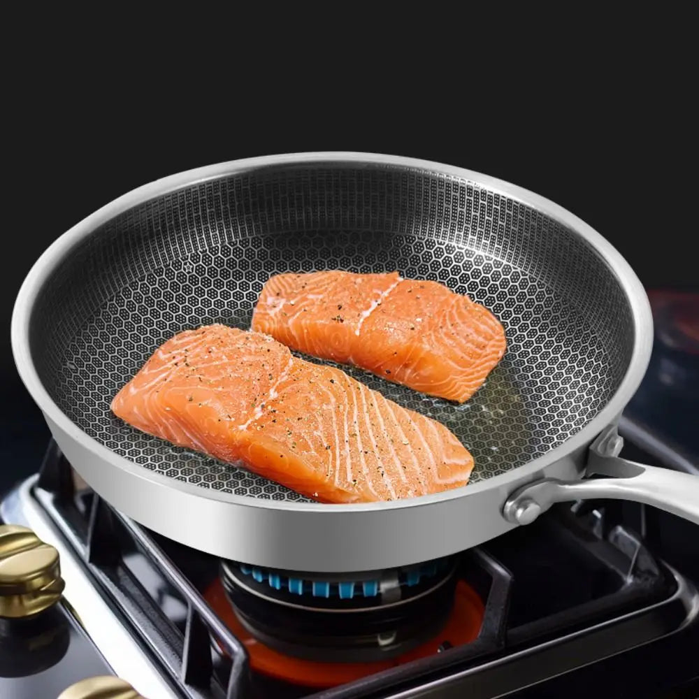 26/28/30cm Stainless Steel Frying Pan Durable Non-coated Surface Honeycomb Stir-Fry Pan Thickened Base Multi-functional