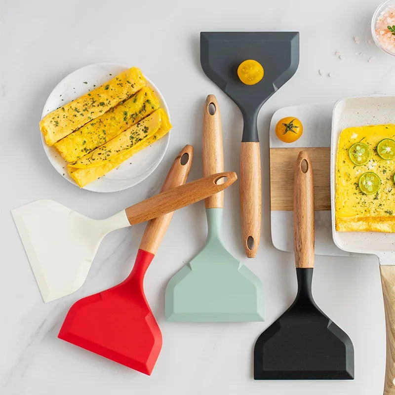 2Pcs Silicone Spatula Wide Mouth Tamagoyaki Shovel Beef Non-Stick Wooden Handle Meat Egg Frying Cooking Tool Kitchen Gadgets