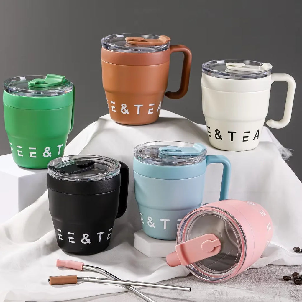 480ml Stainless Steel Coffee Cup with Straw Lid Thermos Mug Portable Water Tea Milk Bottle for Hot And Cold Drinks Office