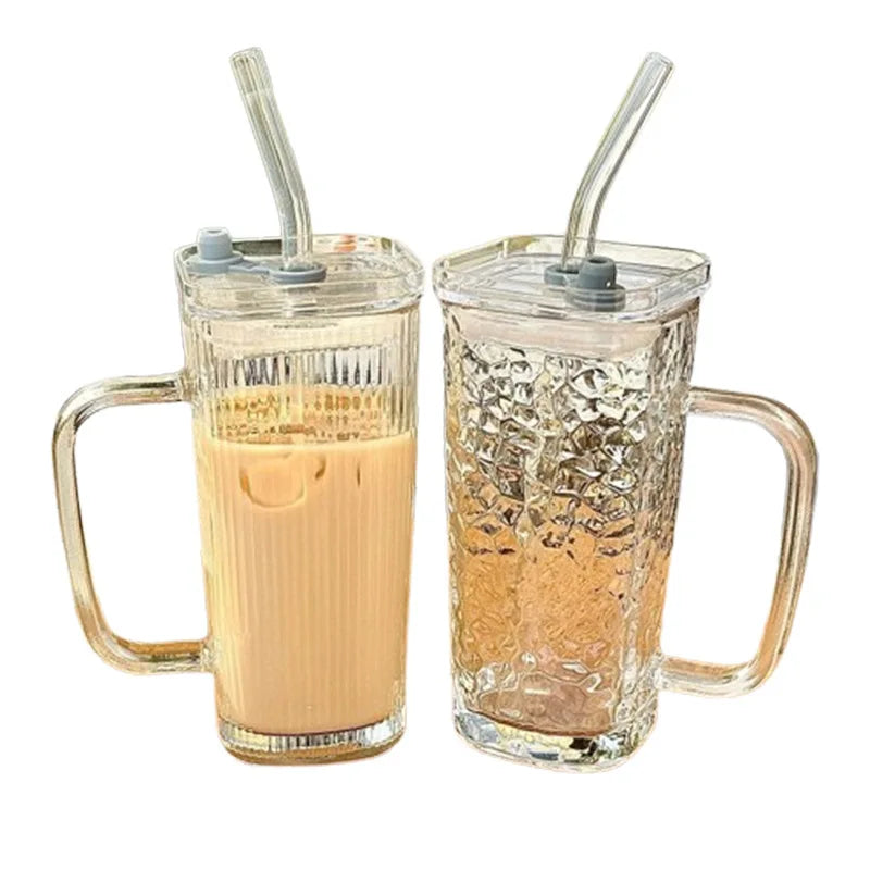 250ML transparent ins with handle glass cup stylish women's summer juice drink cup  striped with lid straw cup