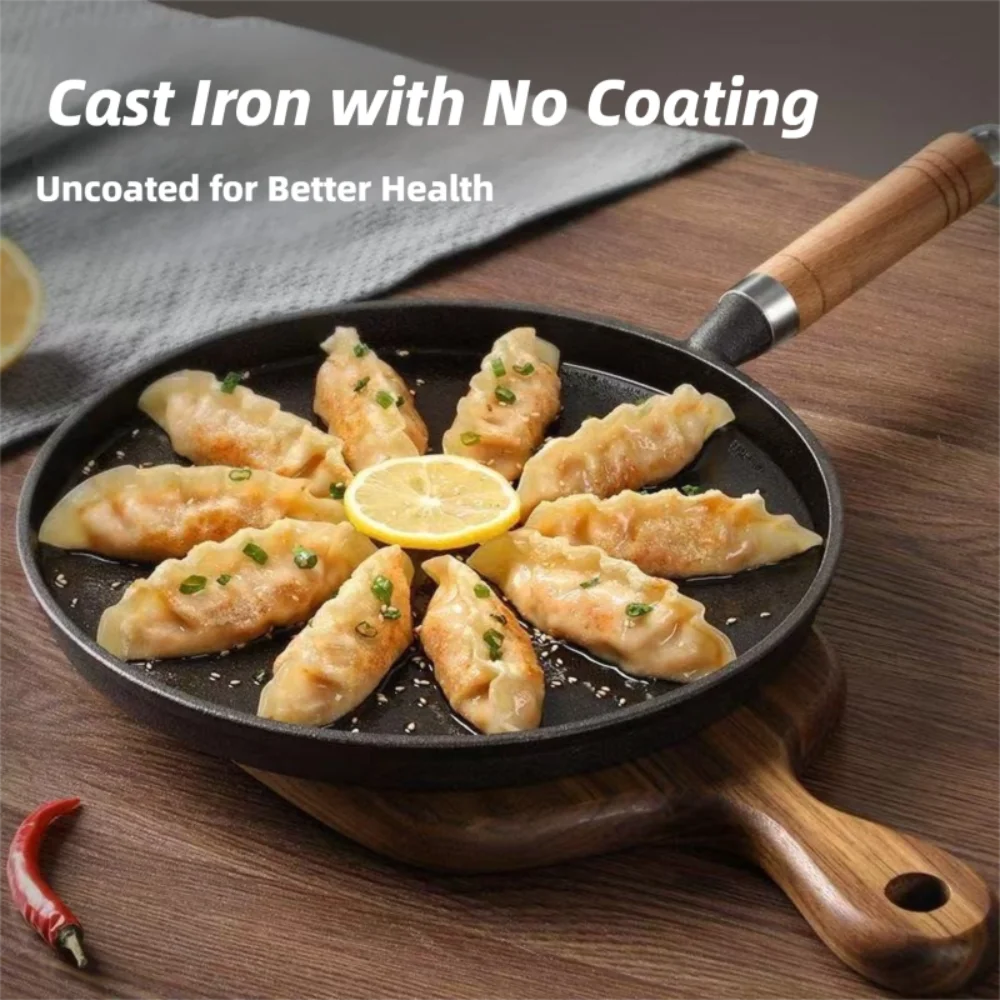 20/23/26cm Cast Iron Frying Pan Uncoated Non-Stick Egg Pancake Pan Kitchen Cookware Wooden Handle Pizza Baking Tray