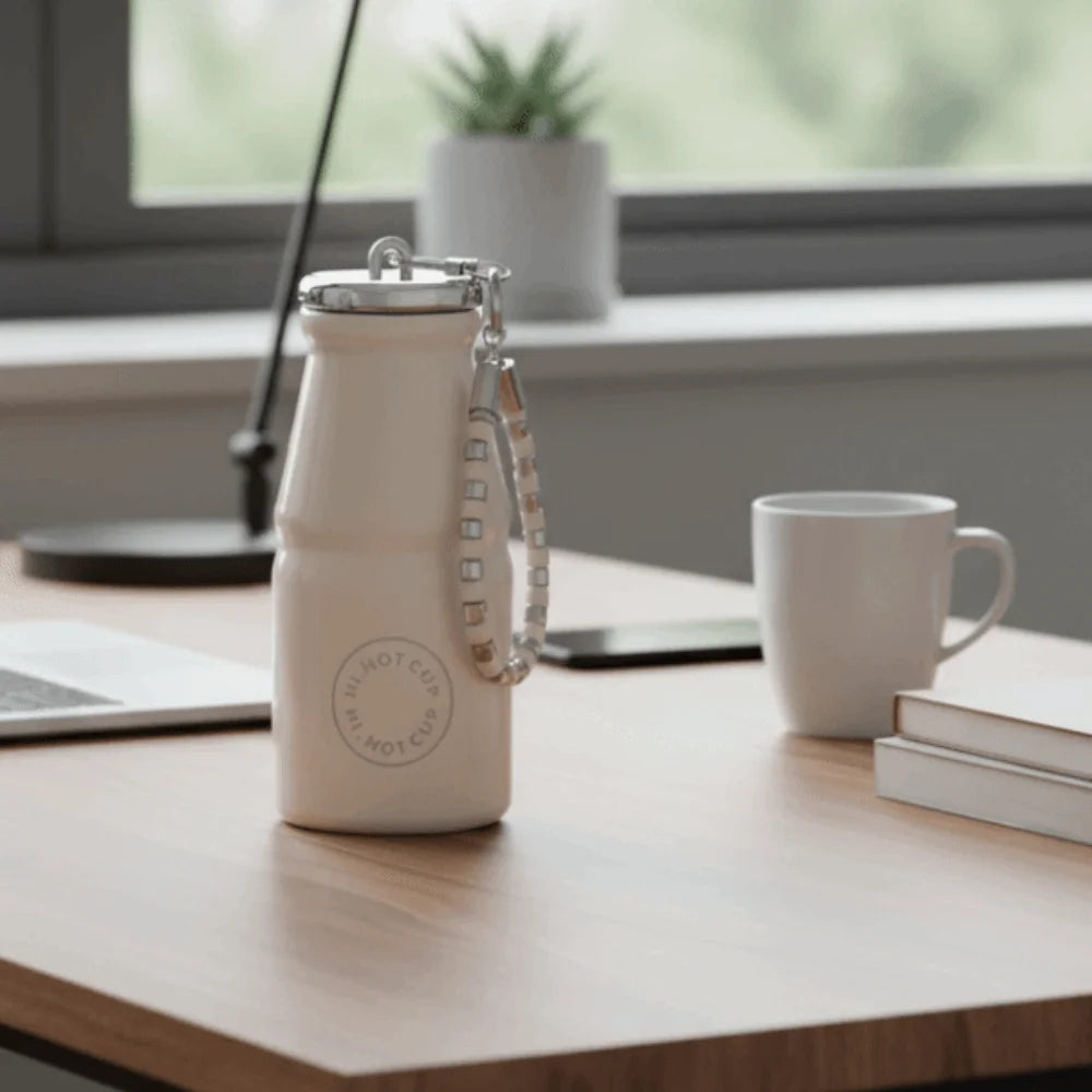 280ML Milk Coffee Cup Leak Proof with Hanging Chain Stainless Steel Pocket Cup Macaron Color Insulated Water Bottle