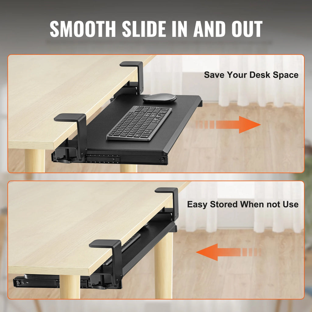 SucceBuy 26.8in Under Desk Keyboard Tray Slide in/out Ergonomic Universal Keyboard Tray No-Drilling C-Clamps Easy to Install