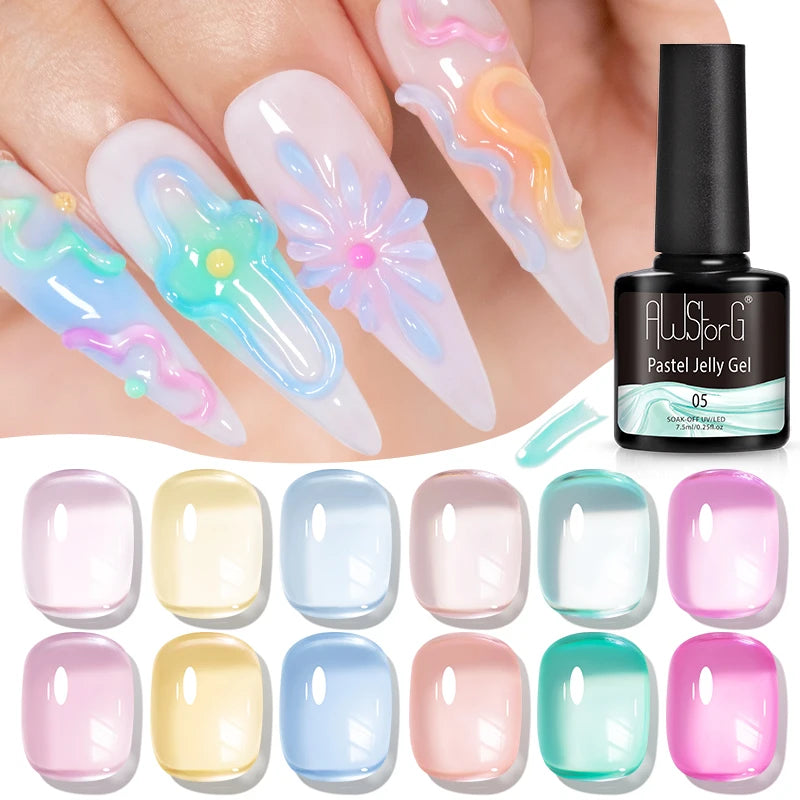 AWStorG 6Pcs/Set 7.5ml Pastel Jelly Nail Polish Clear Translucent Pastel Soak Off Gel Polish Semi Permanent Soak Off Nail Art