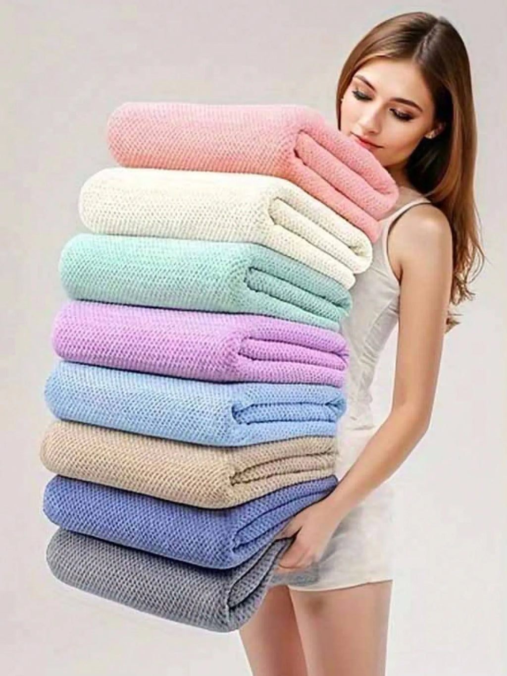 Extra Large 88x175cm Polyester Bath Towel, Hollow Square Knit, Soft Absorbent, 8 Pastel Colors