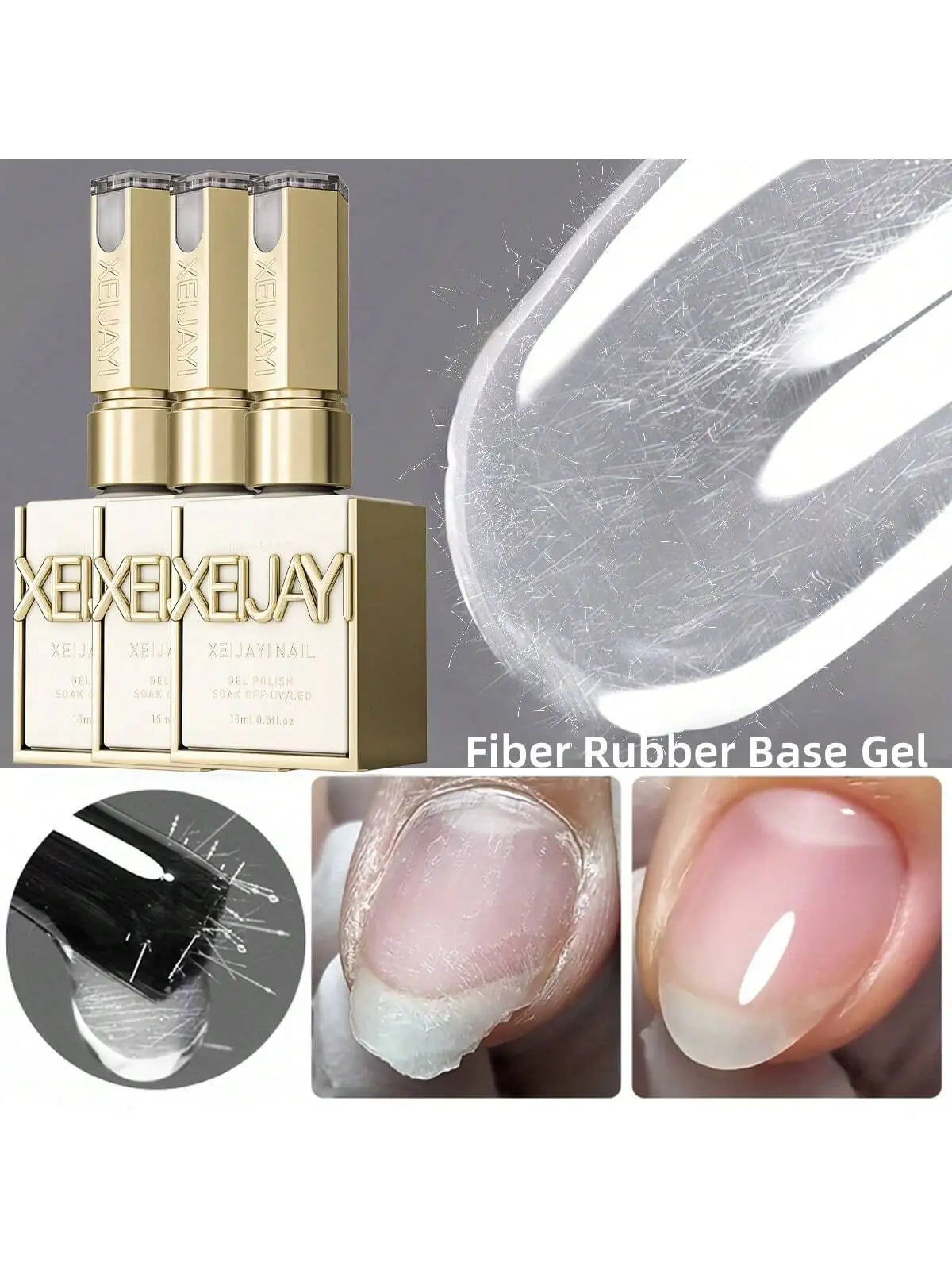 XEIJAYI 3pcs 15ml Fiber Rubber Base Gel Nail Polish Starter Pure Soak Off No Wipe Nail Gel Polish Suitable For Home Manicure DIY