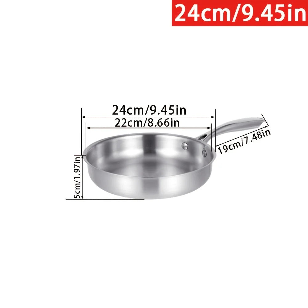 24/26/28cm Stainless Steel Non-Stick Skillet, Thick Bottom, No Coating, Compatible with Induction Cooktops and Gas Stoves