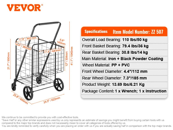 SucceBuy Folding Shopping Cart w/ Removable Waterproof Liner 106/330LBS Large Capacity 360° Swivel Wheels Dense Metal Mesh Base