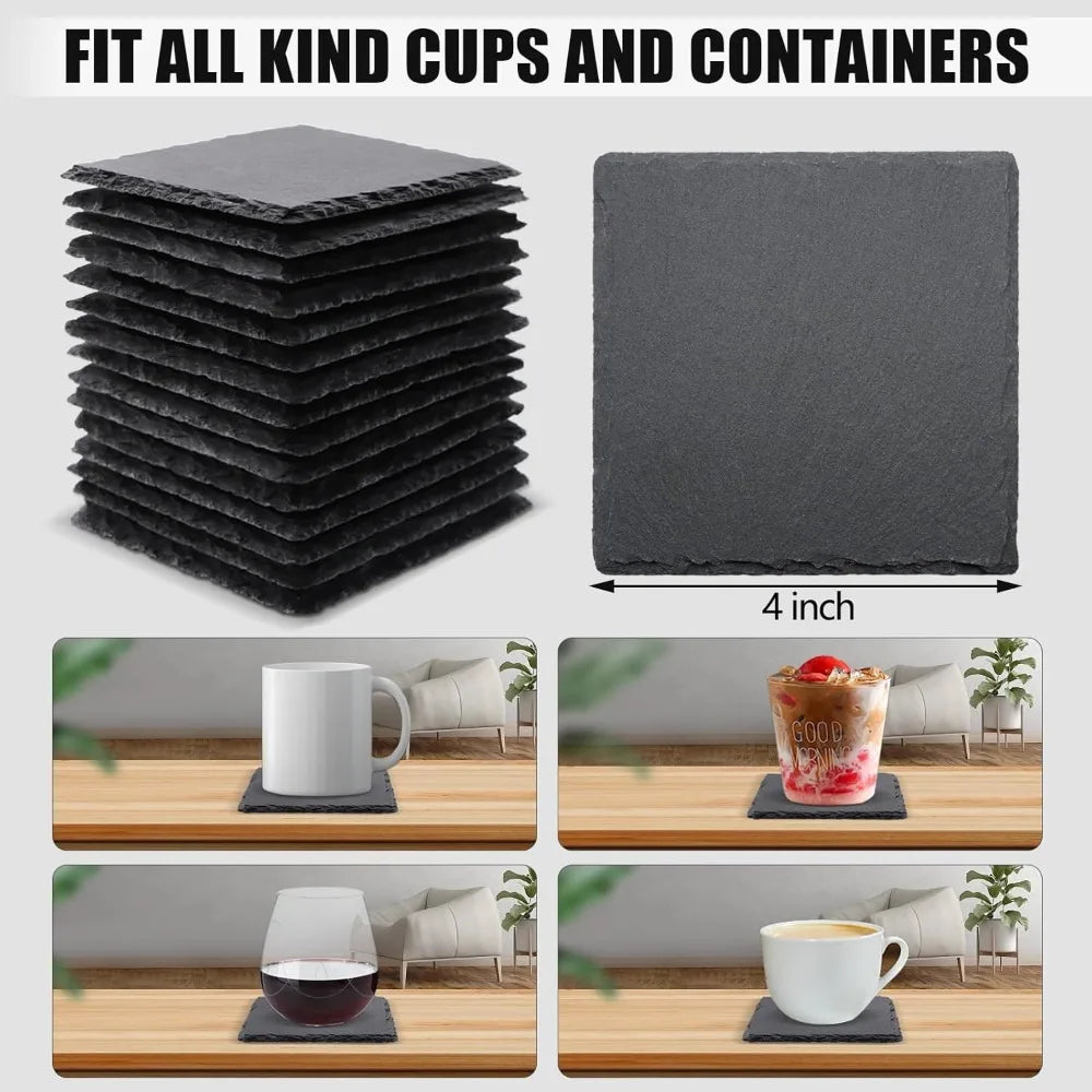 60 Pack Black Slate Drink Coasters, 4 Inch Square Stone Coasters with Anti-Scratch Bottom for Home Kitchen Decor
